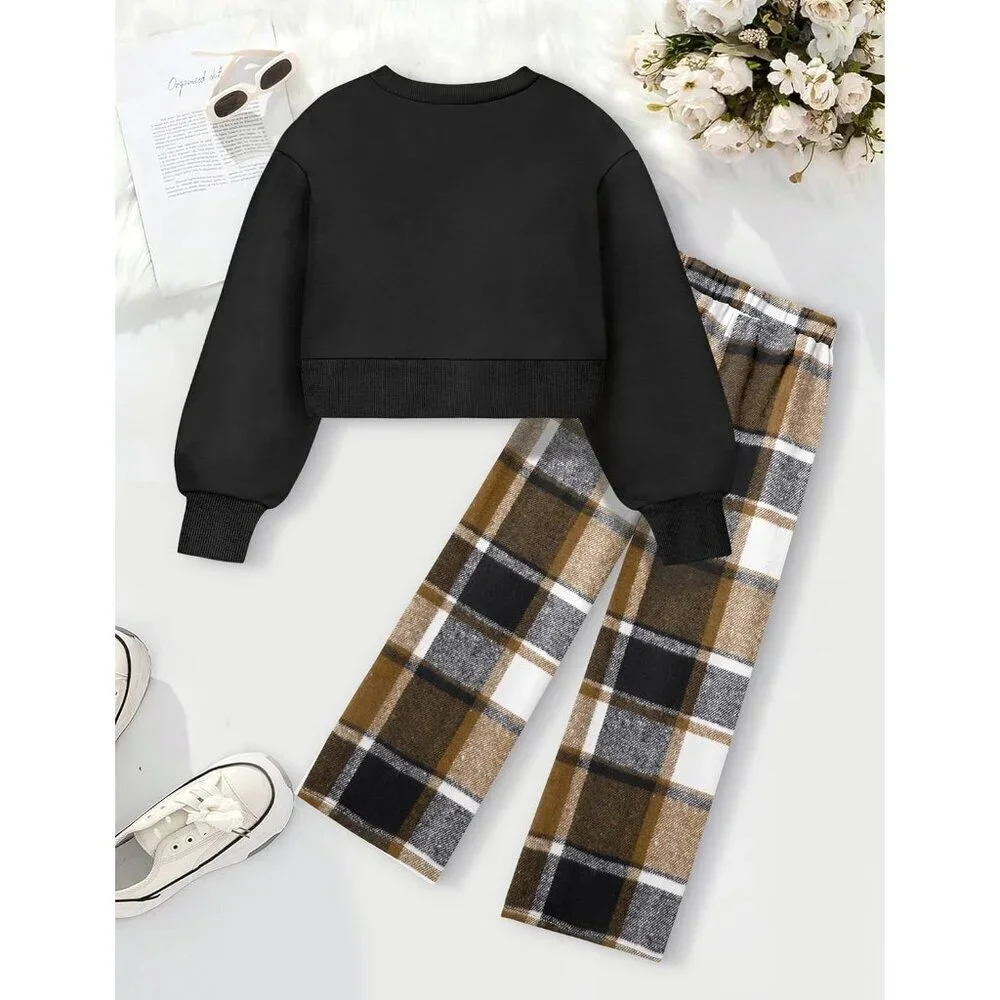 Girl Clothes, 2 Piece Girls Outfits Solid Crop Tops Plaid Wide Leg Pants with Po